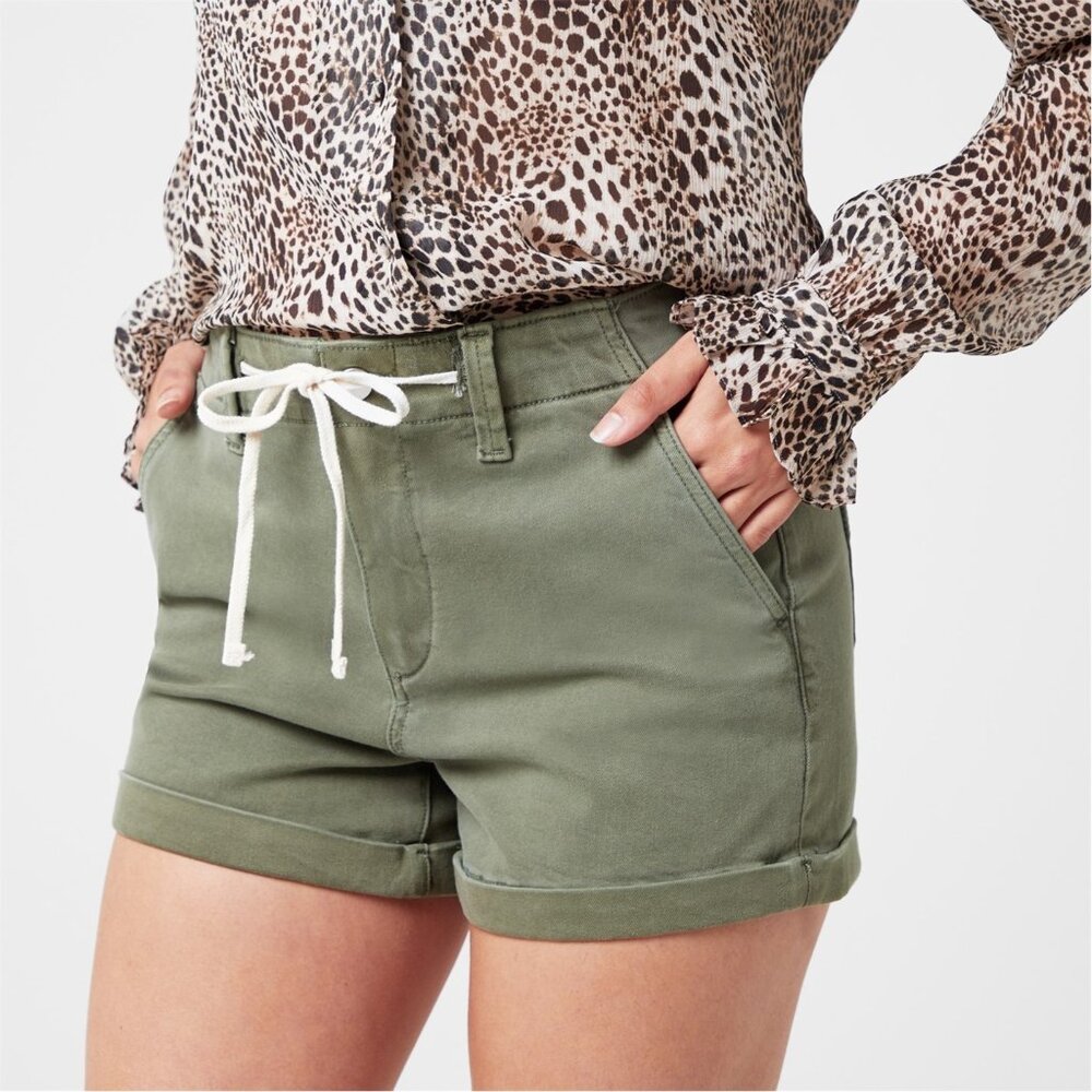 PAIGE Olive Green Drawstring Jean Shorts